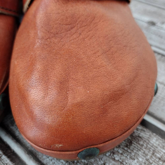 Dr. Scholl's | RARE Vintage Orange-Red Leather Studded Wooden Clogs Cotton Braid - Picture 8 of 16